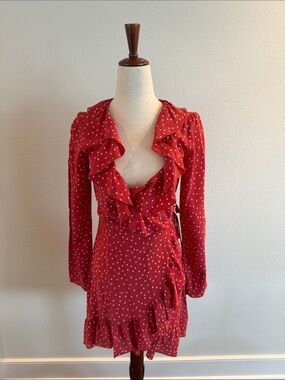 100% Silk Red Star Dot Ruffle Wrap Dress